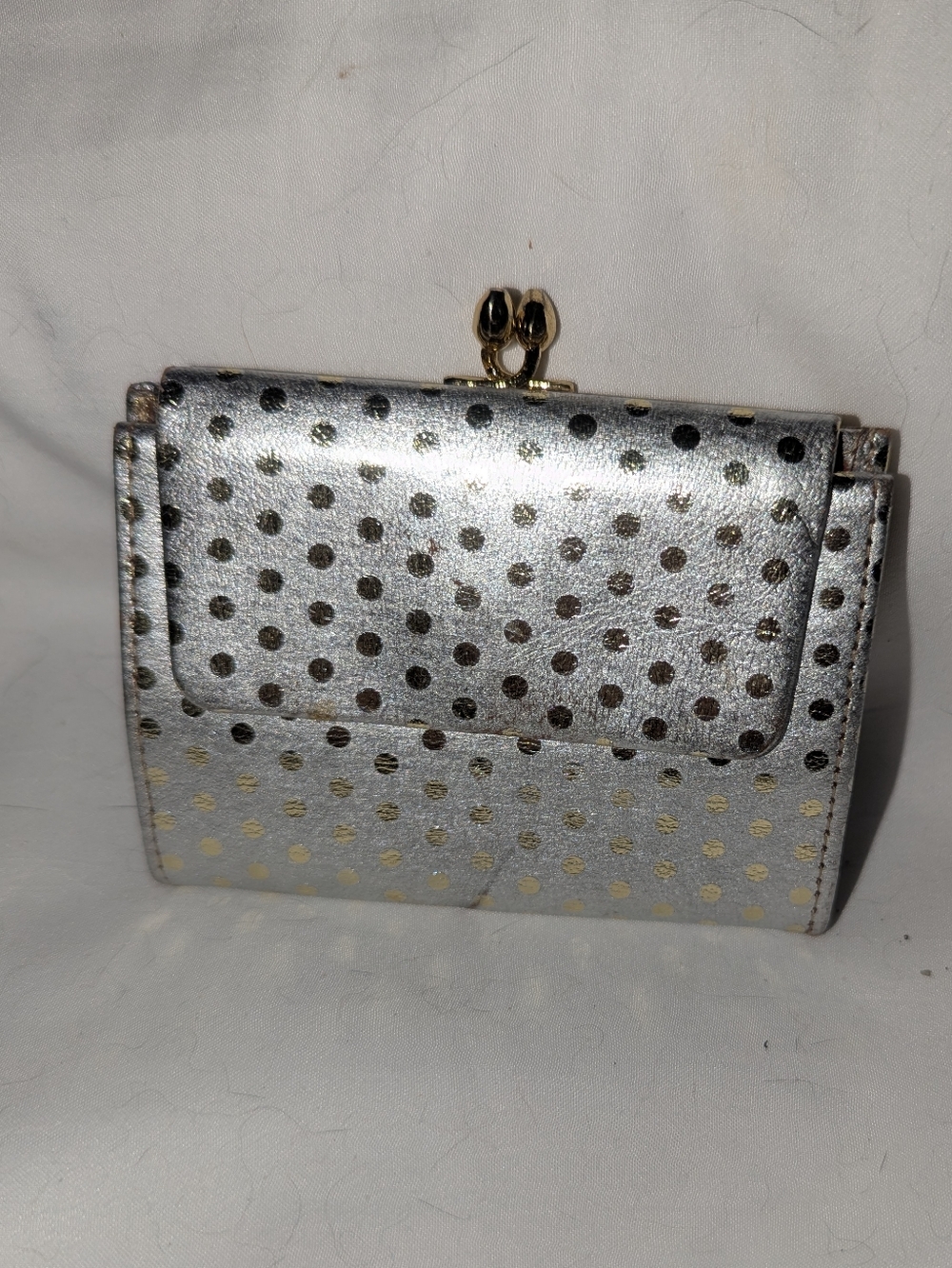 Vintage Rosenfeld Metallic Silver Polka Dot Women's Wallet with Gold Accents.